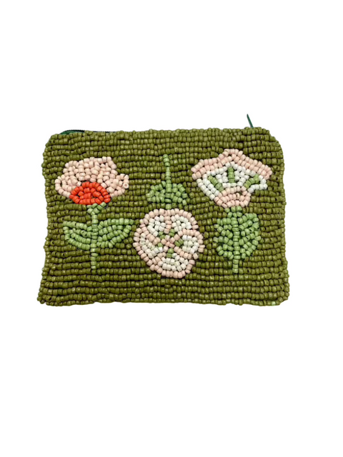 Green Flower Beaded Pouch