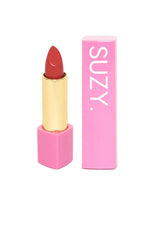 Pink lipstick with 'SUZY' branding on a white background