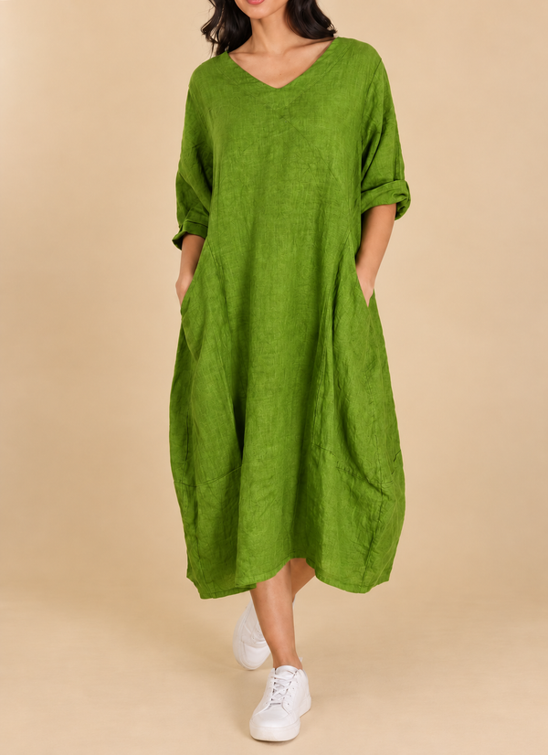 V-Neck Linen Balloon Dress