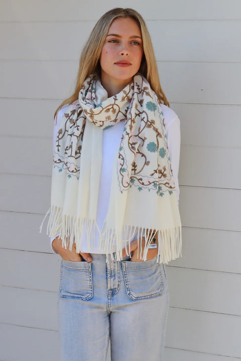 Embroidered Scarf/Wrap Cream