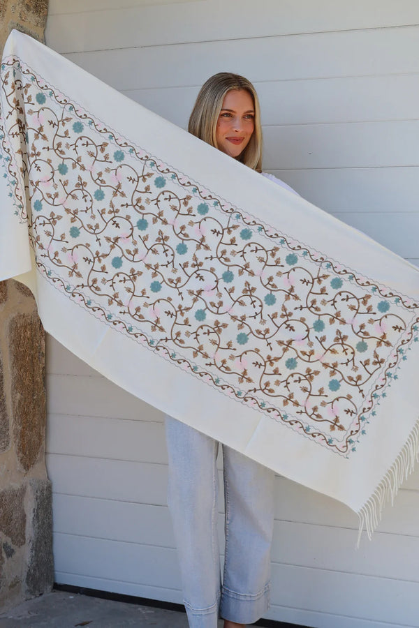 Embroidered Scarf/Wrap Cream
