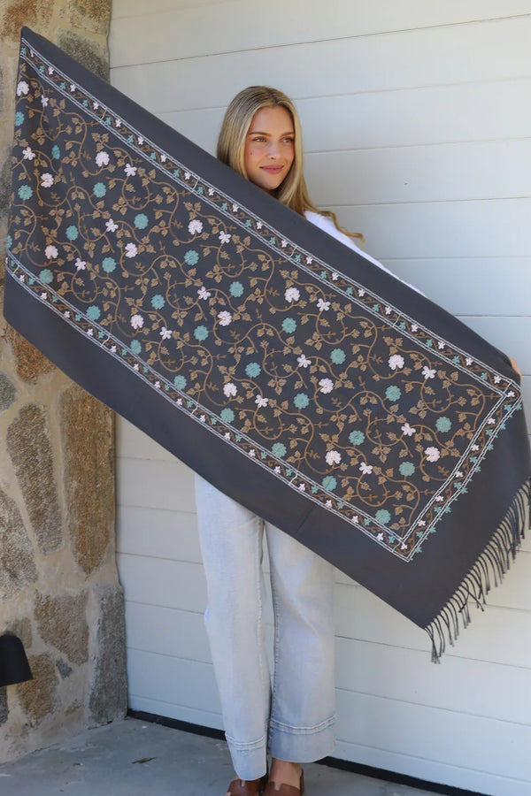 Embroidered Scarf/Wrap Charcoal