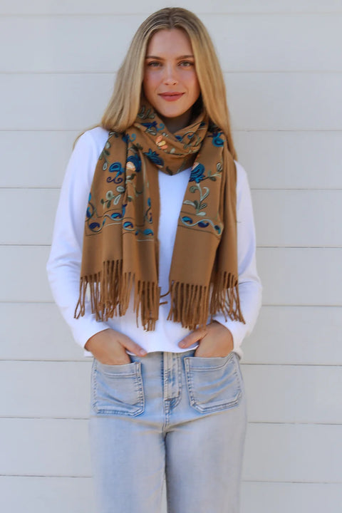 Embroidered Scarf/Wrap Mustard