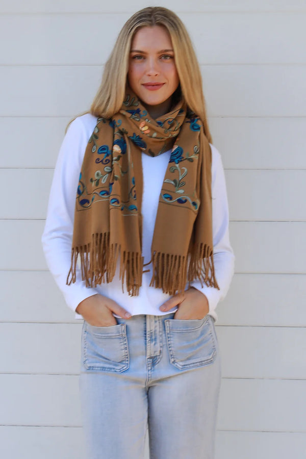 Embroidered Scarf/Wrap Mustard