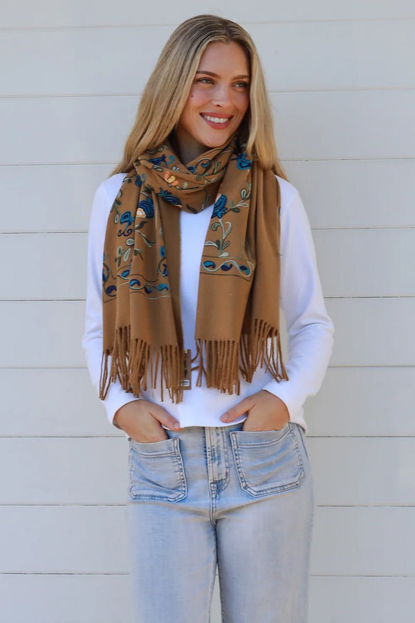 Embroidered Scarf/Wrap Mustard