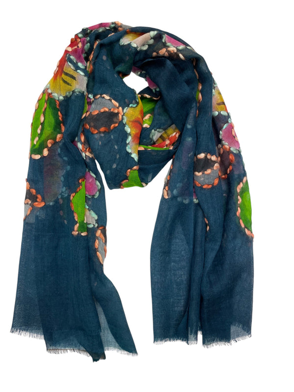 Navy Wildflower Wool Scarf