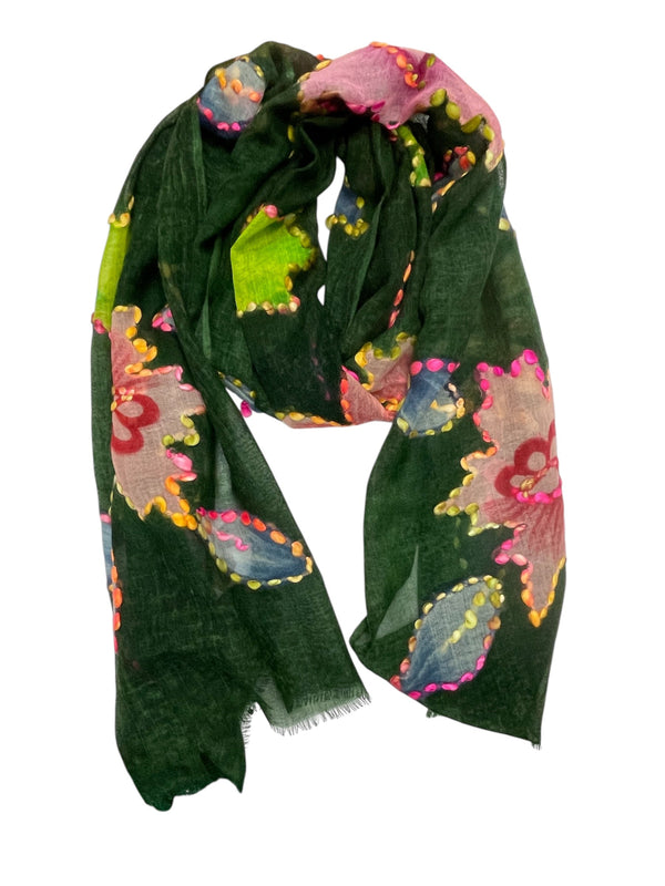 Green scarf with colorful floral patterns on a white background