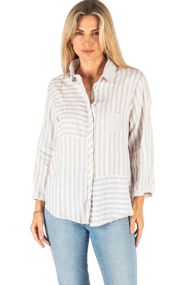 Hyatt button through Stripe linen shirt beige