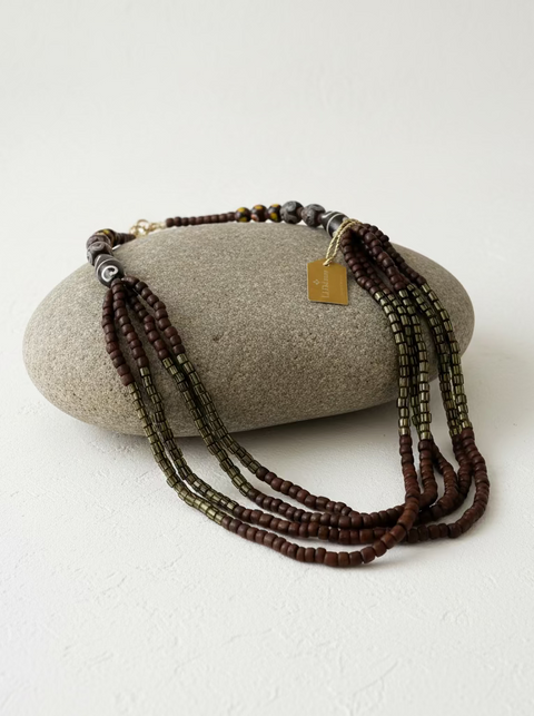 Sea Glass Multi-Strand Beaded Necklace Brown