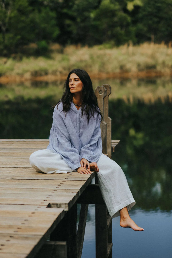 Mila Fine Blue Stripe Linen Top