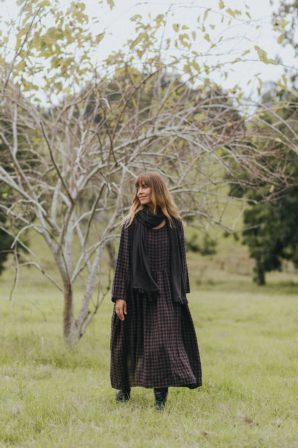 Journee French Linen Dress in Blue Brown Check