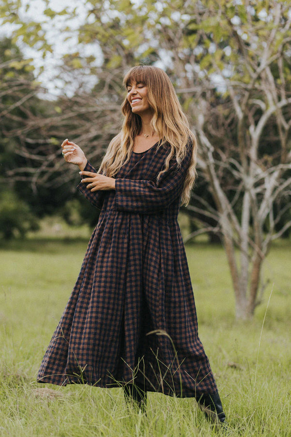 Journee French Linen Dress in Blue Brown Check