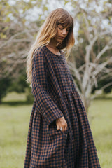 Journee French Linen Dress in Blue Brown Check