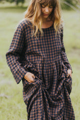 Journee French Linen Dress in Blue Brown Check