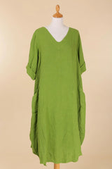 V-Neck Linen Balloon Dress
