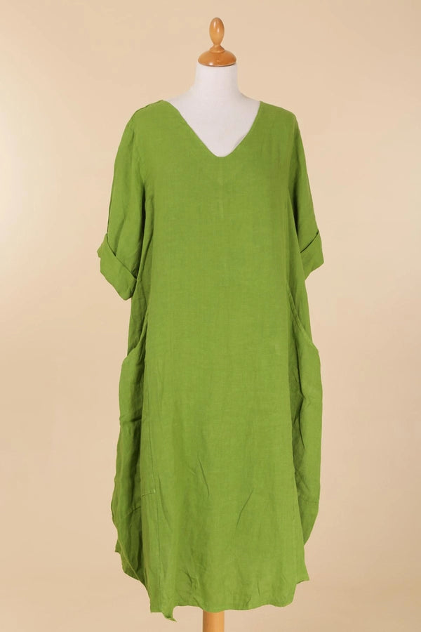 V-Neck Linen Balloon Dress