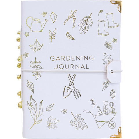 Gardening journal with gold illustrations on a white background