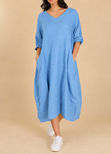 V-Neck Linen Balloon Dress