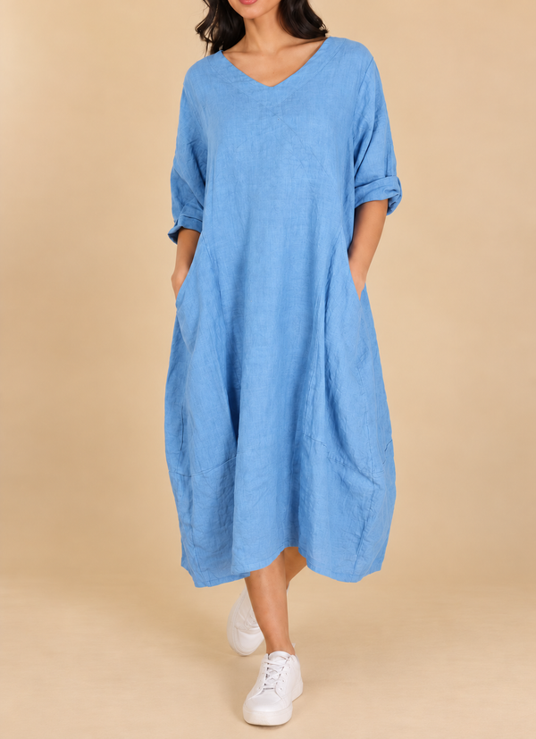 V-Neck Linen Balloon Dress
