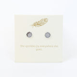 Earring card with earrings and decorative text on a white background