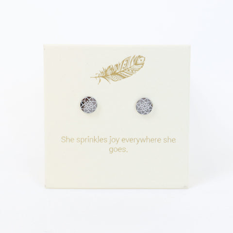 Earring card with earrings and decorative text on a white background