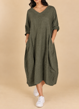 V-Neck Linen Balloon Dress