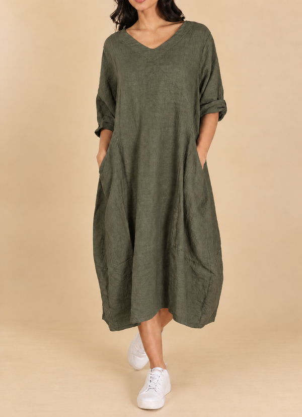 V-Neck Linen Balloon Dress