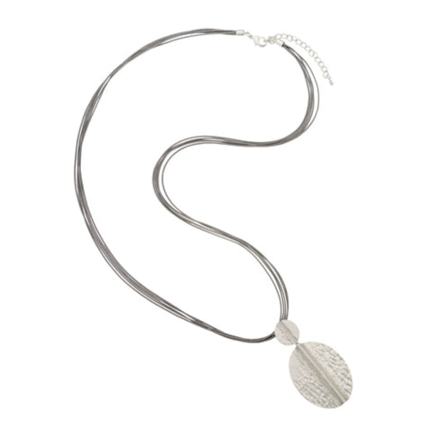 Silver necklace with a textured pendant on a white background