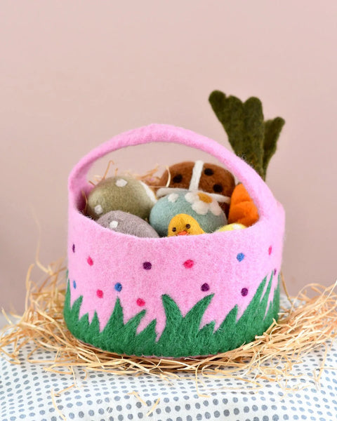 Tara Treasures- Felt Pink Basket with Colourful Dots