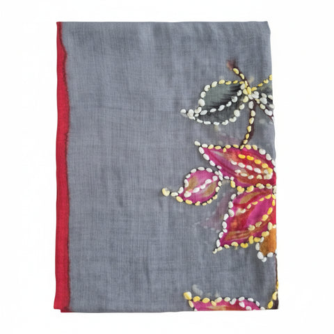 Gray scarf with colorful floral embroidery on a white background