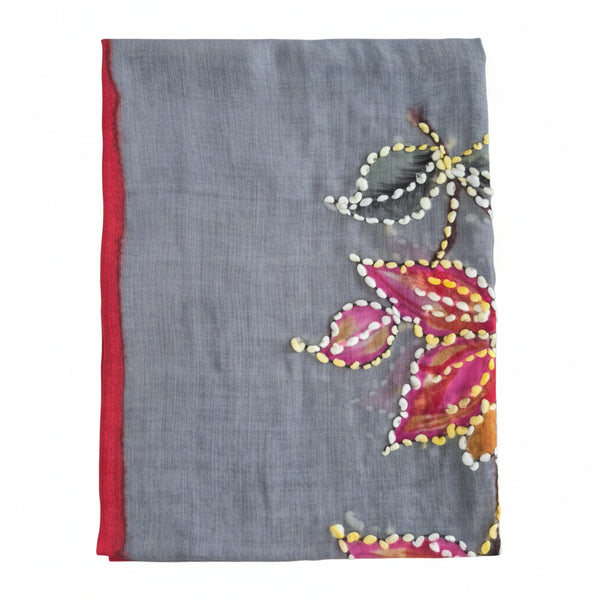 Gray scarf with colorful floral embroidery on a white background
