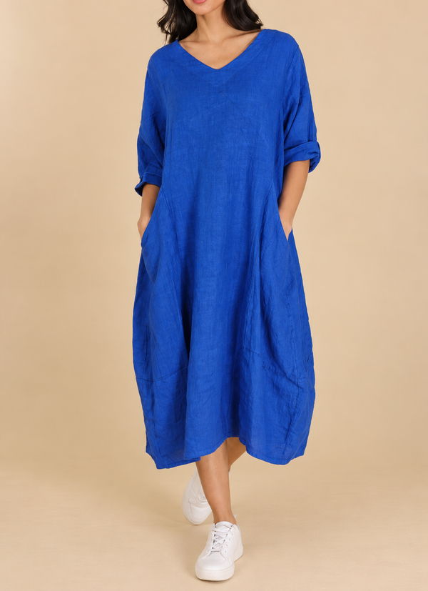 V-Neck Linen Balloon Dress