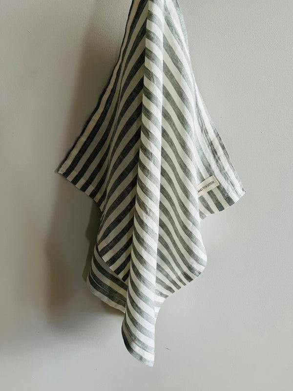 Pure French Linen Wide Stripe  Tea Towel - Sage