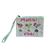 Beaded pouch with 'Martini Vibes' text and cocktail illustrations on a white background