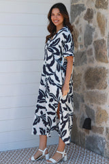Tropical Leaf Dress Navy and Blue