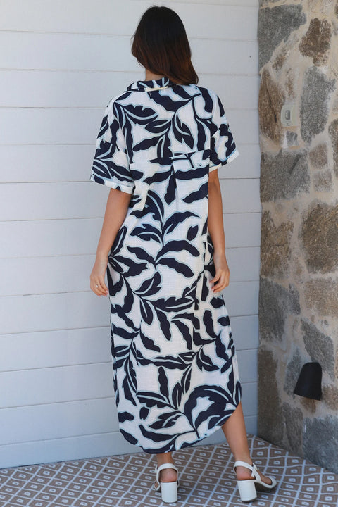 Tropical Leaf Dress Navy and Blue