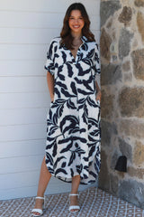 Tropical Leaf Dress Navy and Blue