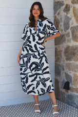 Tropical Leaf Dress Navy and Blue