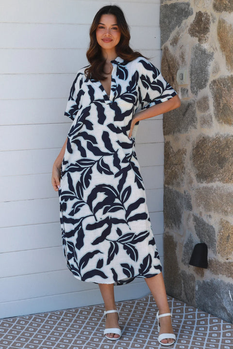 Tropical Leaf Dress Navy and Blue