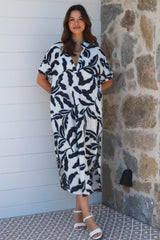 Tropical Leaf Dress Navy and Blue