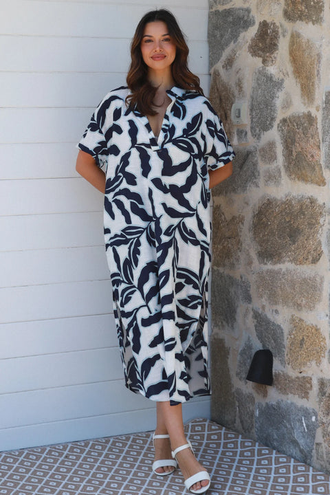 Tropical Leaf Dress Navy and Blue