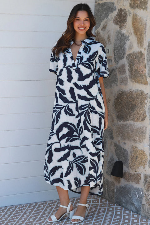 Tropical Leaf Dress Navy and Blue