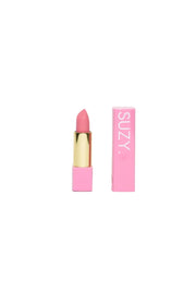 Pink lipstick with gold cap and 'SUZY' packaging on a white background