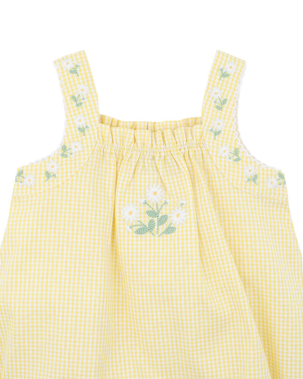 LIBBY CHECK ROMPER W EMB STRAPS