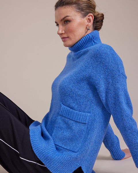 Marco Polo- Longline Roll Neck Sweater-Blue Quartz