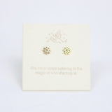 Gold flower earrings on a card with motivational quote
