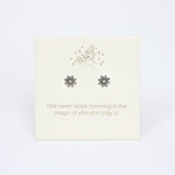 Earring set with floral designs on a card with motivational quote