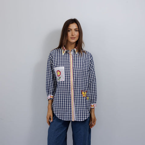 Embroidered Navy Gingham Shirt