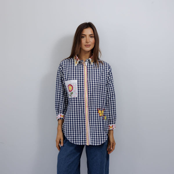 Embroidered Navy Gingham Shirt