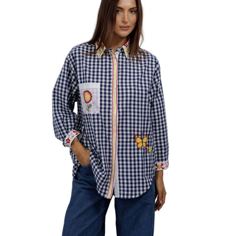Embroidered Navy Gingham Shirt